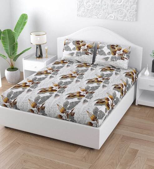 White Floral 140 Tc Cotton 1 King Size Bedsheet With 2 Pillow Covers