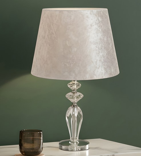 White Velvet Shade Table Lamp with Faceted Crystal Glass Base