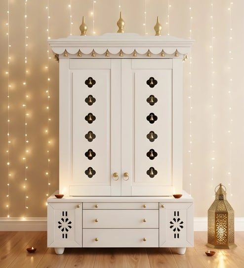 White Vrittika Teak Wooden Pooja Mandir With Door