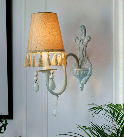 White Wall Sconce with Tassel Shade and Crystal Accents