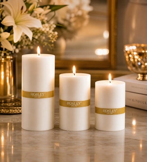 White Wax Pillar Candles Set Of 3