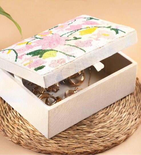 White Wooden Beaded Square Box