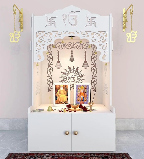 White Wooden Floor Pooja Mandir with Ik Onkar & Swastik Design Ornate Arch Laser-Cut Bell Motifs &Cabinet