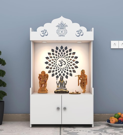 White Wooden Floor Pooja Mandir with Kalash & Om Top Design Lotus Pattern Back Panel Storage Cabinet
