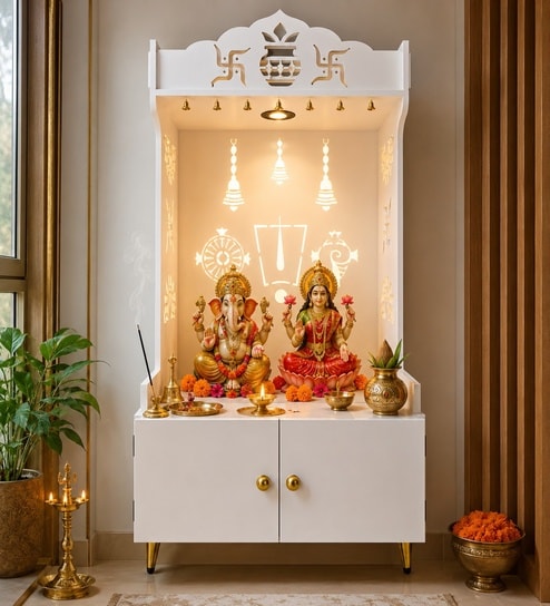 White Wooden Floor Pooja Mandir with Kalash & Swastik Design Laser-Cut Bell Shankh & Chakra Motifs & Storage Cabinet
