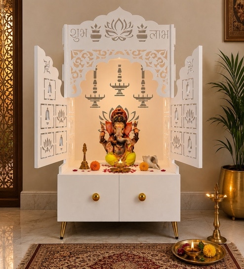 White Wooden Floor Pooja Mandir with Laser-Cut Lotus & Bell Doors Shubh Labh Design Hanging Diya Motifs & Storage Cabinet