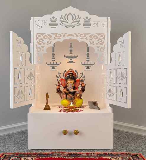 White Wooden Floor Pooja Mandir with Laser-Cut Lotus & Bell Doors Shubh Labh Design Hanging Diya Motifs & Storage Cabinet