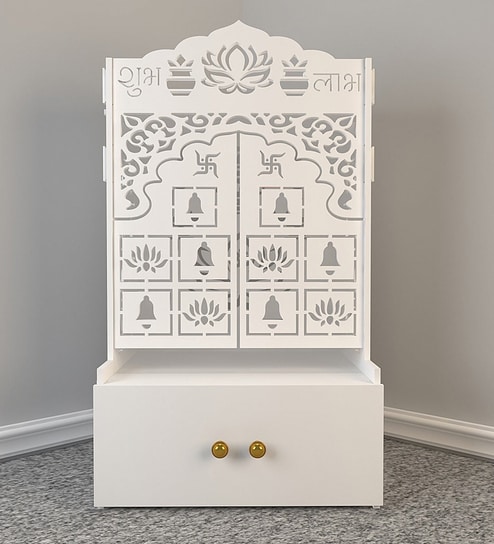 White Wooden Floor Pooja Mandir with Laser-Cut Lotus Om Design, Shubh Labh Motif, Bell Pattern Doors With Cabinet