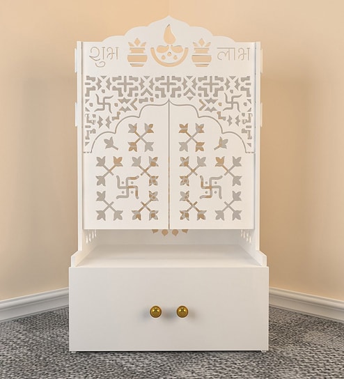 White Wooden Floor Pooja Mandir with Laser-Cut Om & Shubh Labh Motif Doors with Storage Cabinet