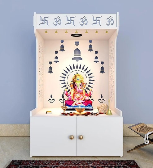 White Wooden Floor Pooja Mandir with Om & Swastik Design Ganesh Laser-Cut Back Panel Bell Motifs & Storage Cabinet