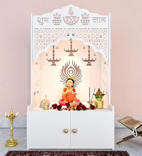 White Wooden Floor Pooja Mandir with Shubh Labh Design Floral & Peacock Feather Motifs Laser Cut Panels & Storage Cabinet