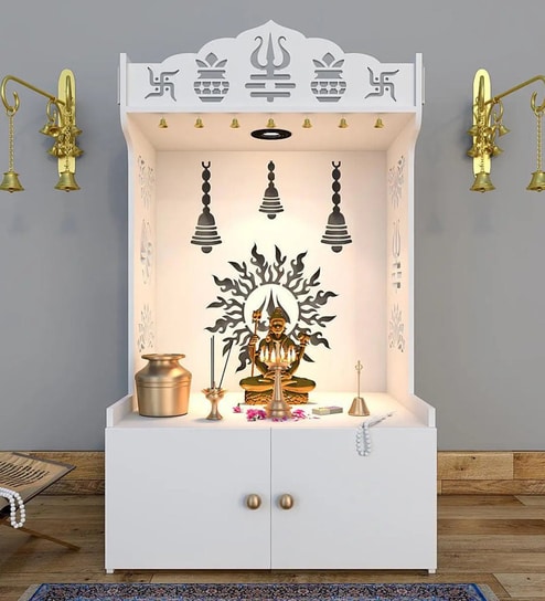 White Wooden Floor Pooja Mandir with Trishul & Kalash Design Laser-Cut Bell & Lotus Motifs & Storage Cabinet