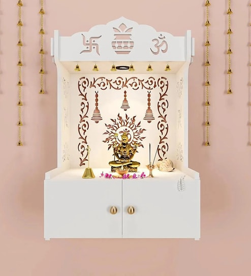 White Wooden Wall Mounted Temple with Engraved Om & Swastik Design Pooja Mandir for Home