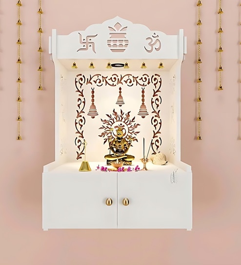 White Wooden Wall Mounted Temple with Engraved Om & Swastik Design Pooja Mandir for Home