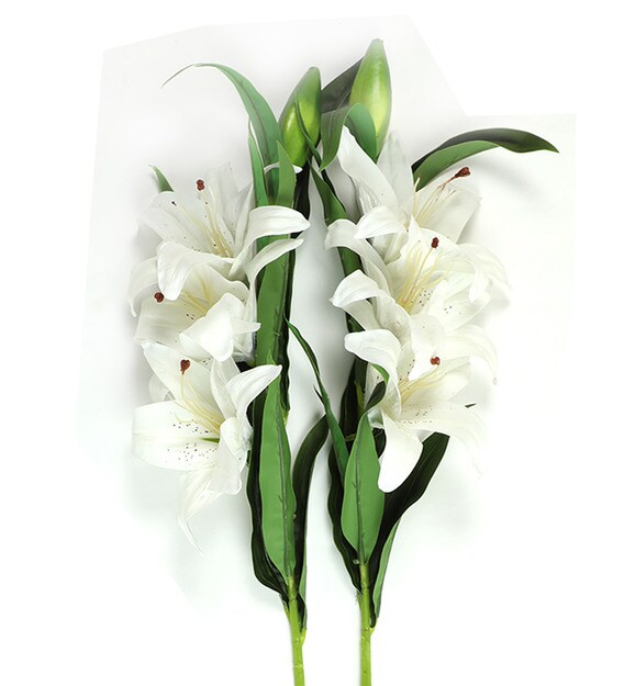 Buy White Synthetic Fabric Lily Artificial Flower, Set of 2 by