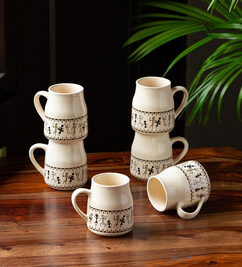 Buy Whispers of Warli 140ml (Set of 6) Ceramic Tea Cups by