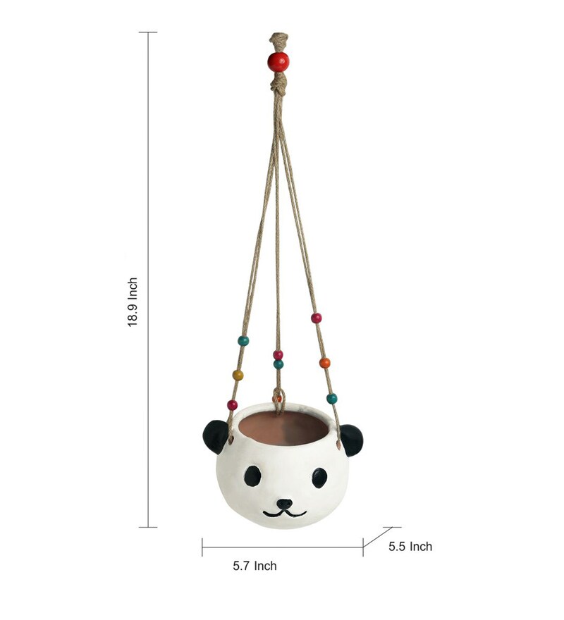 Buy White & Black Terracotta Swinging Panda Handpainted Hanging Planter ...