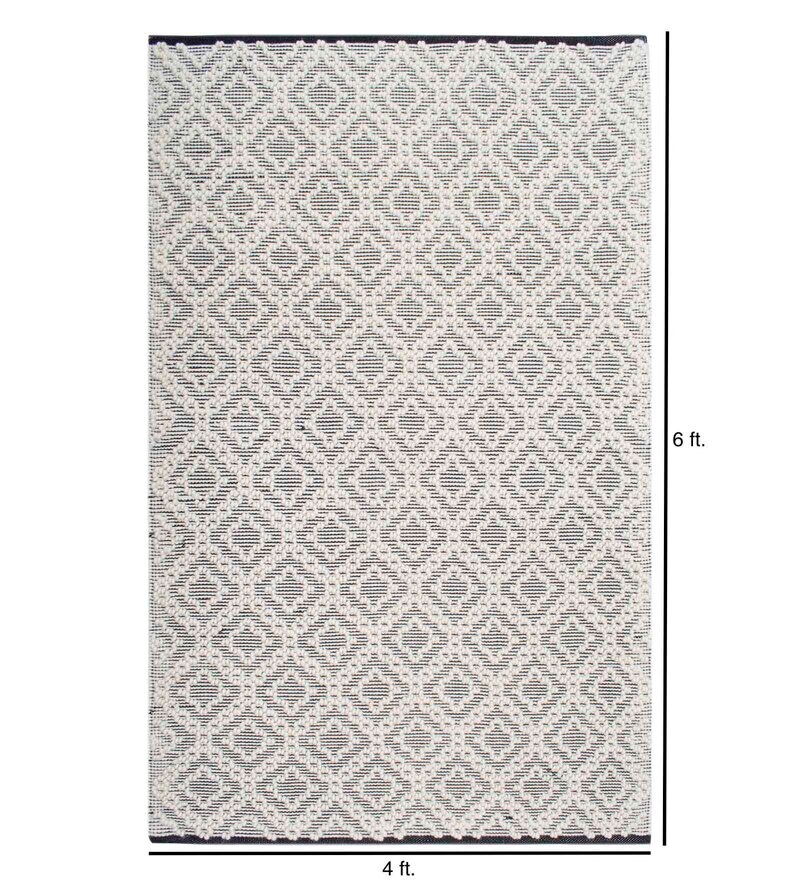 Buy White & Black Wool and Cotton Geometric 6 feet x 4 feet Hand Woven