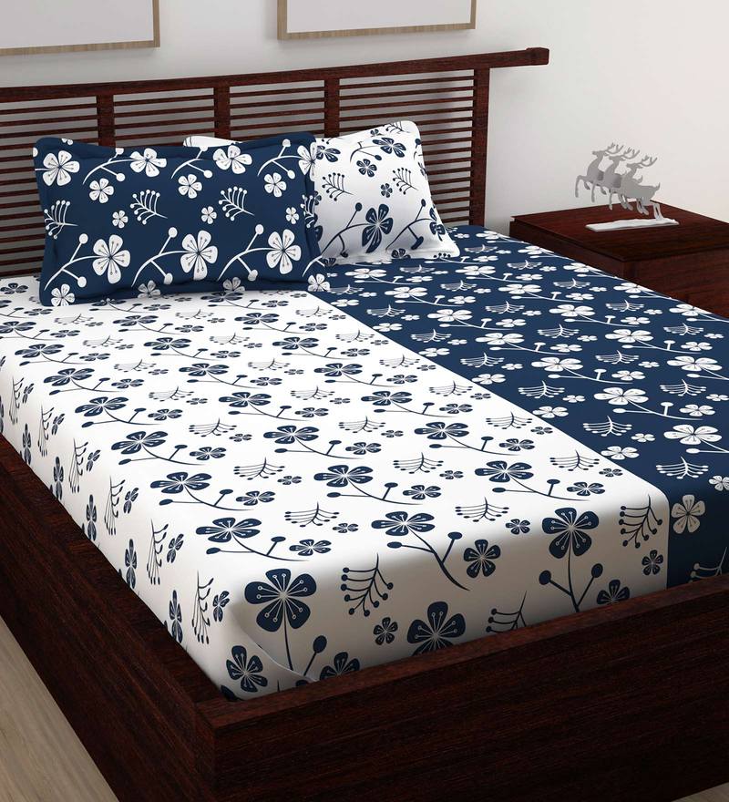 Buy White & Blue 100 Cotton 88X93 Inches King Bedsheet With 2 Pillow
