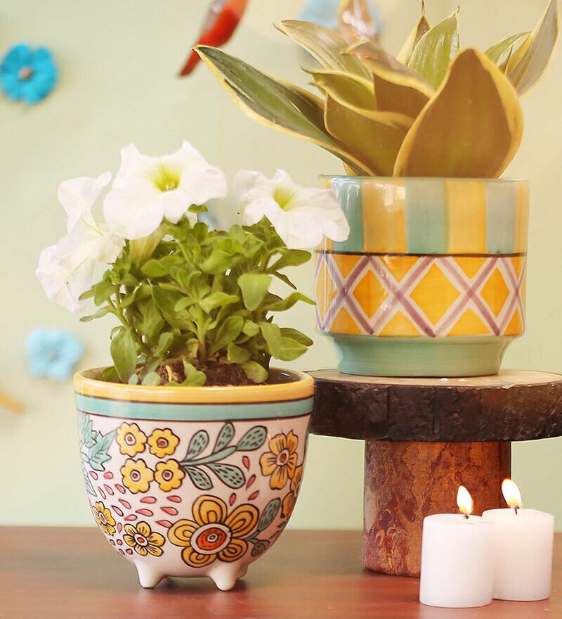 Buy White Floral Printed Ceramic Planter (Set of 2) By The Blooming Bagh Online Desk Pots