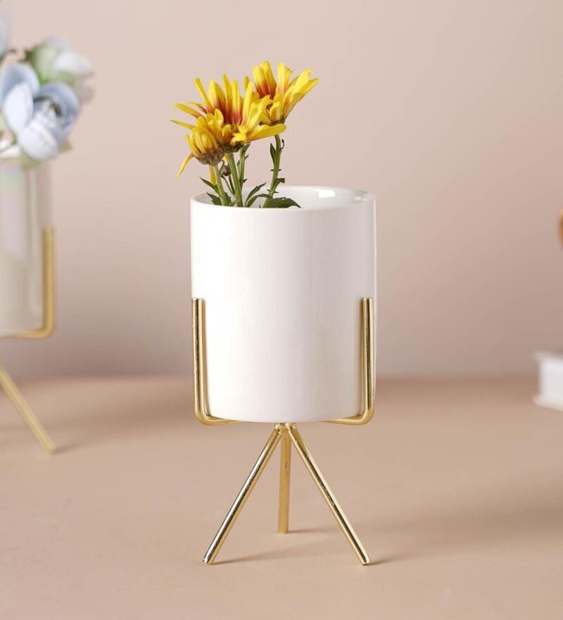 Buy White & Gold Porcelain Plant Pot by Nestasia Online - Desk Pots ...