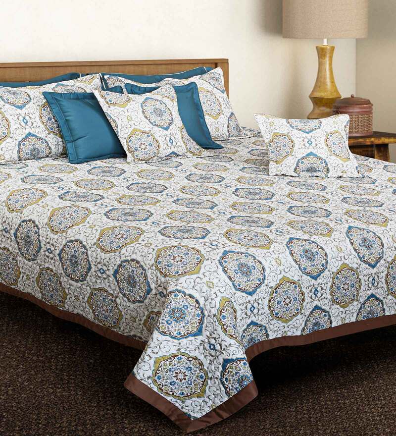 Buy White Traditional 250 TC Cotton Quilted Double Bed Cover with 2