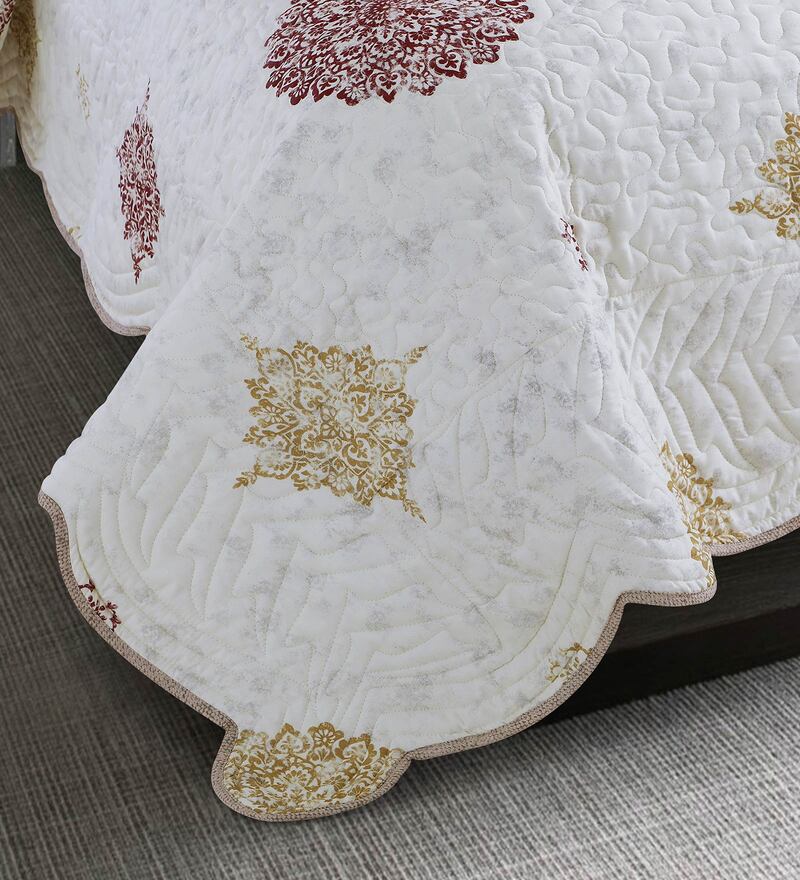Buy White Abstract 250 TC Cotton Quilted Double Bed Cover with 2 Pillow