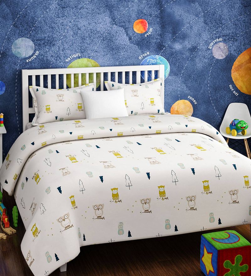 Buy White Cotton Kids Abstract Owl Print Olive Bedsheet Set By