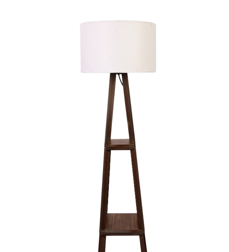 Buy White Cotton Shade Shelf Floor Lamp with Walnut Base by Pristine