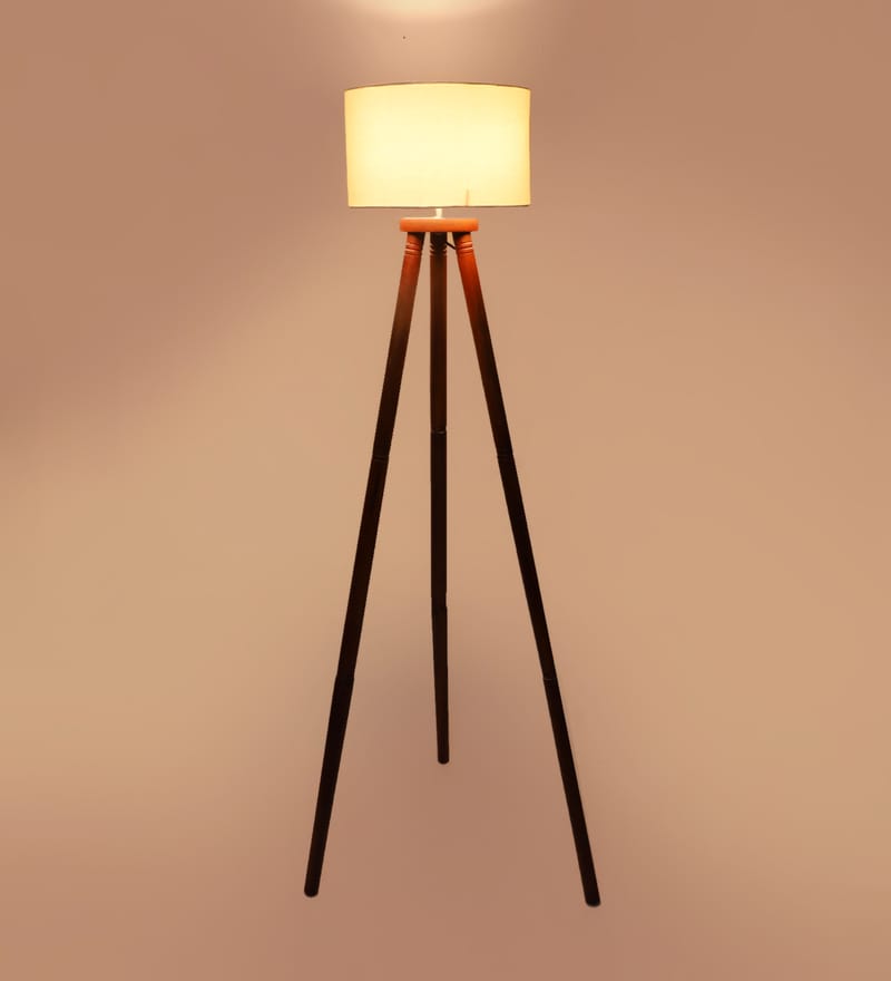 Buy White Cotton Shade Tripod Floor Lamp with Walnut Base by Pristine