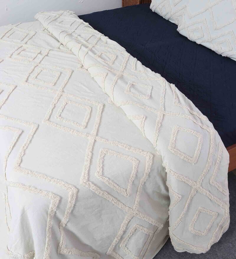 Buy White Cotton Solid 350 GSM Double Bed Cover with 2 Pillow Covers by