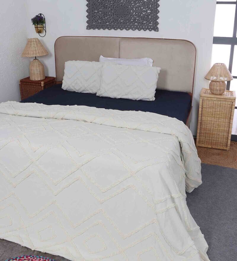 Buy White Cotton Solid 350 GSM Double Bed Cover with 2 Pillow Covers by
