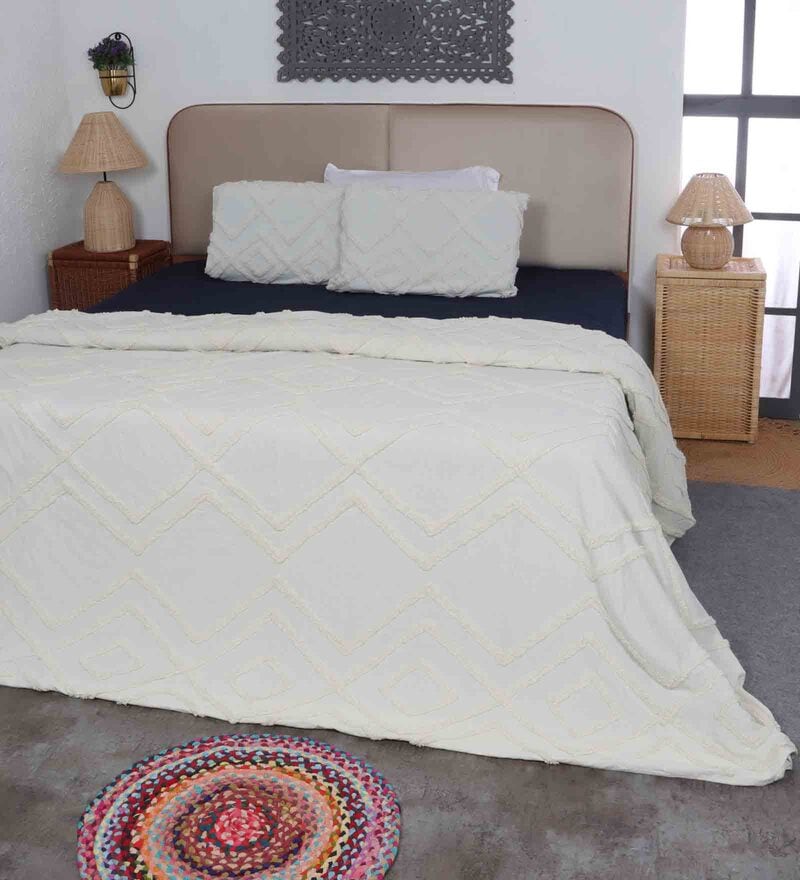 Buy White Cotton Solid 350 GSM Double Bed Cover with 2 Pillow Covers by