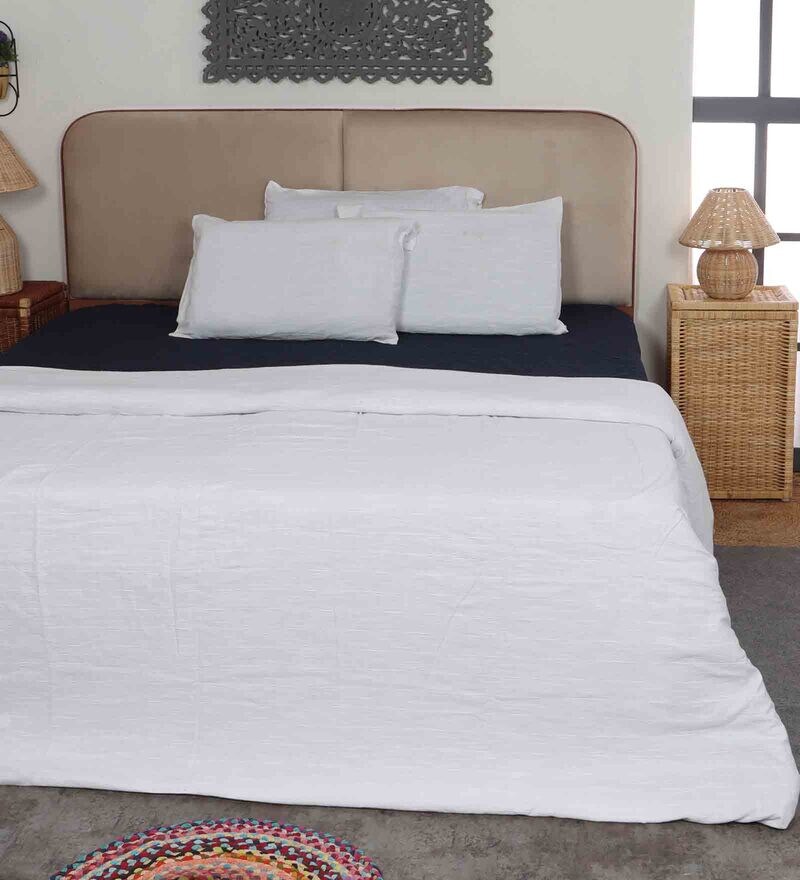 Buy White Cotton Solid 350 GSM Double Bed Cover with 2 Pillow Covers by