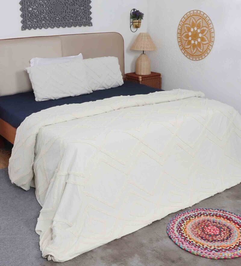 Buy White Cotton Solid 350 GSM Double Bed Cover with 2 Pillow Covers by
