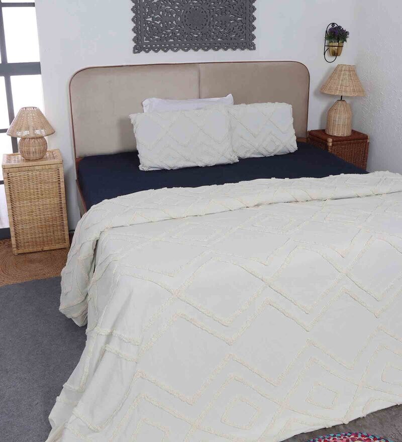 Buy White Cotton Solid 350 GSM Double Bed Cover with 2 Pillow Covers by