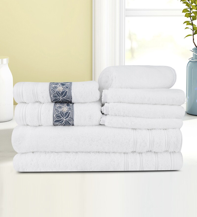 Buy White Cotton Solid 500 GSM Towel Set 8 Pieces by Lush & Beyond