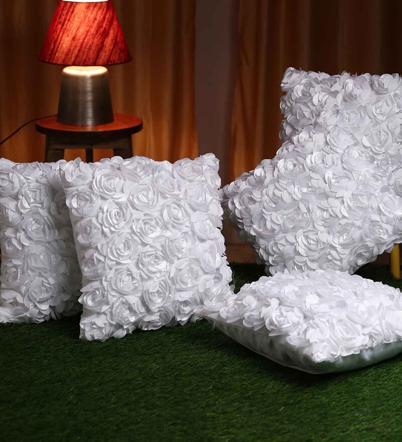 Buy White Embroidered Polyester 16X16 Inches Cushion Cover (Set of 5