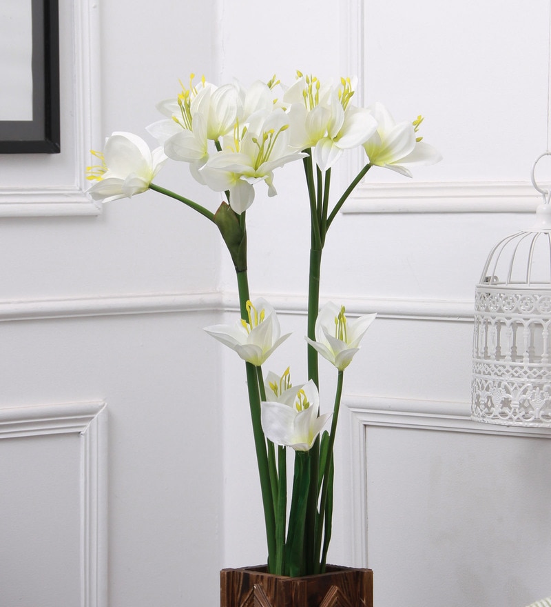 Buy White Fabric & Plastic Artificial Lily Flower Stick, Set Of 2 By