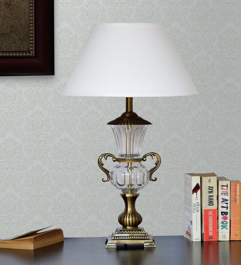 Buy White Fabric Shade Table Lamp with Gold Base by Kapoor E