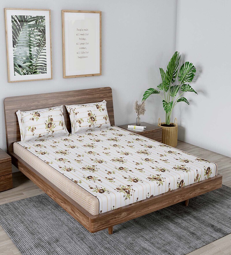 Buy White Floral 240 TC Cotton King Sized Bedsheet with 2 Pillow Covers