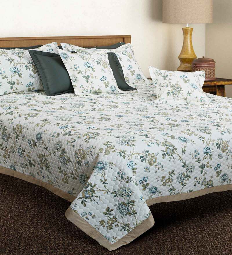 Buy White Floral 250 TC Cotton Quilted Double Bed Cover with 2 Pillow