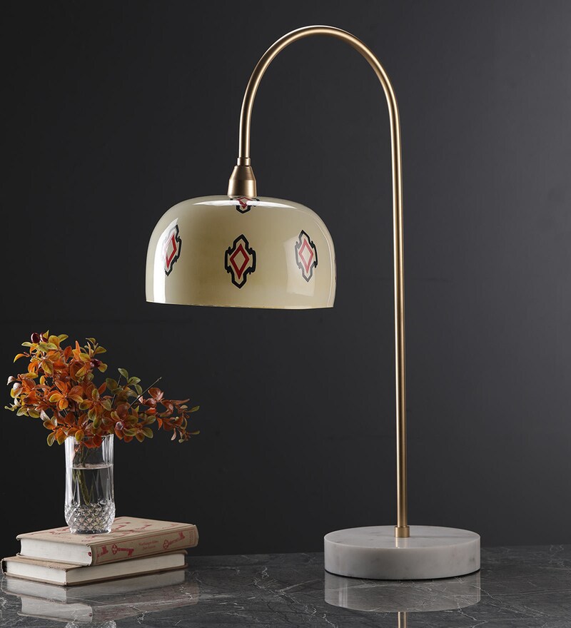 Buy White Glass Shade Hand Painted Table LED Lamp With Gold Base By