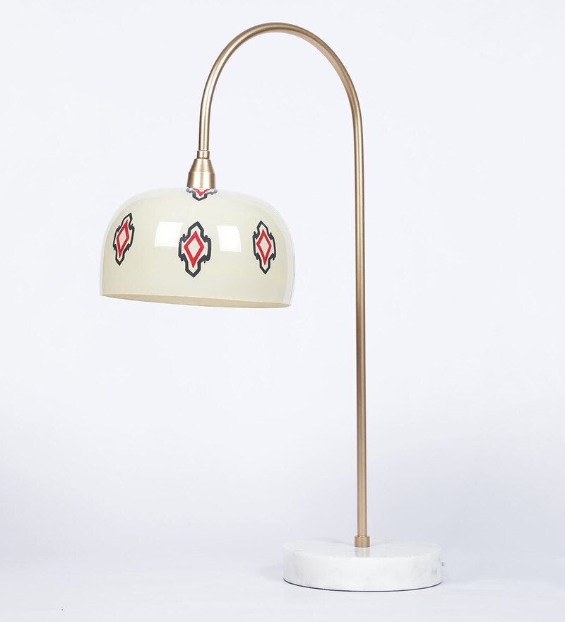Buy White Glass Shade Hand Painted Table LED Lamp With Gold Base By