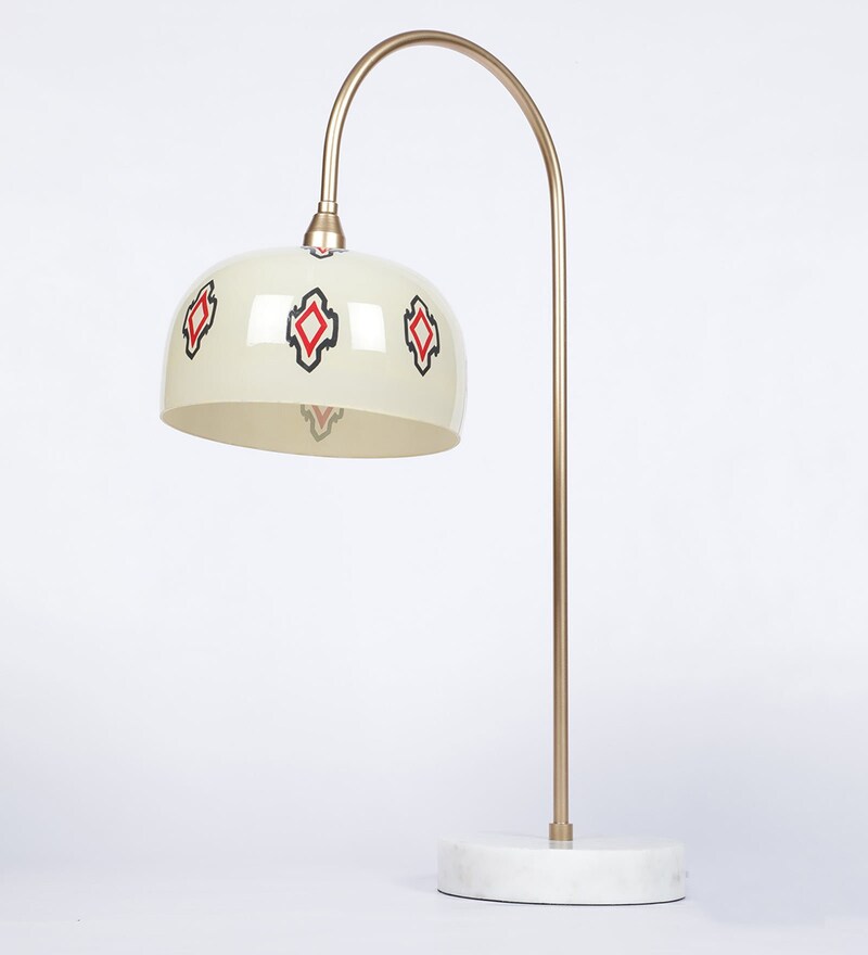 Buy White Glass Shade Hand Painted Table LED Lamp With Gold Base By