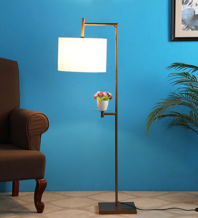 Buy White Fabric Shade Floor Lamp with Gold Metal Base By Lal10