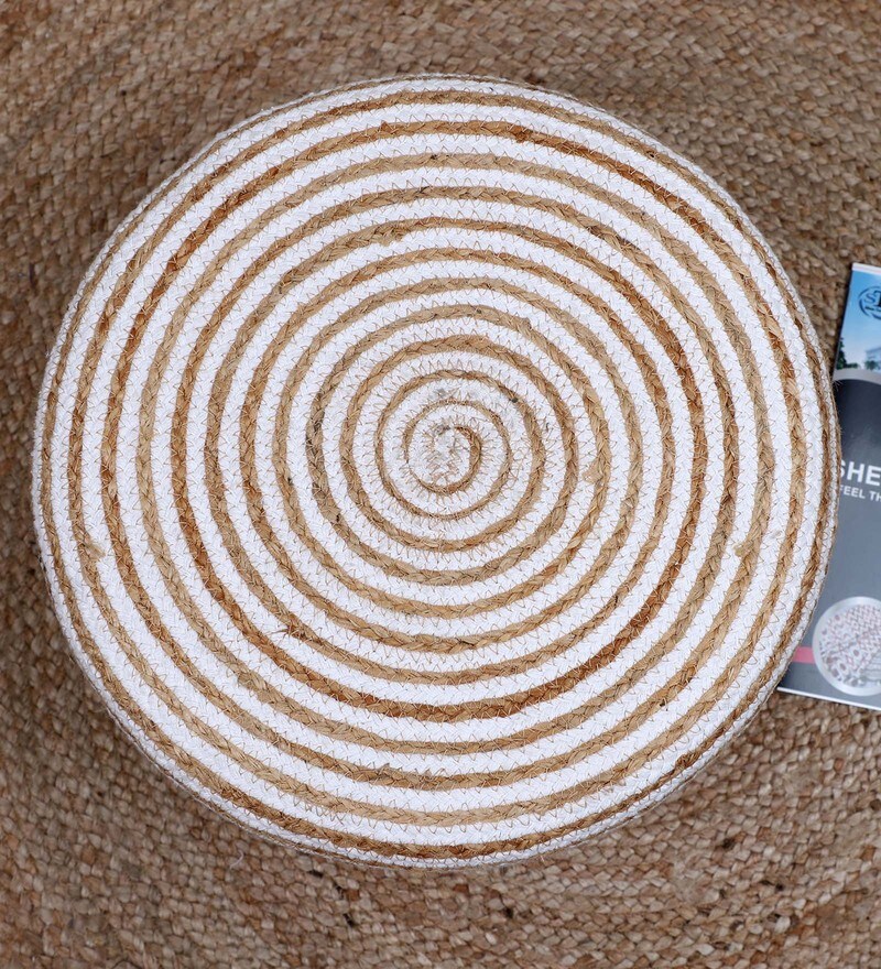 Buy Jute Braided Puffy Stool in White and Natural Colour by Sheen Decor