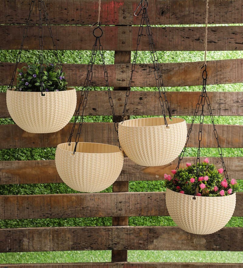 Buy White Plastic Garden Essential Hanging Planter with Elegant Wicker