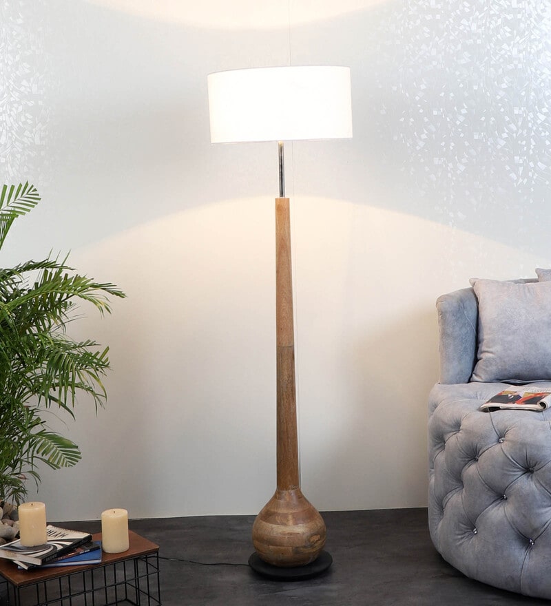 Buy White Shade Floor Lamp With Wood Base By Sapphire Online Club