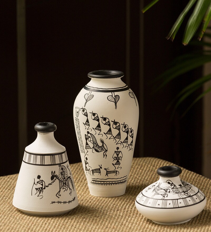 Buy White Warli White Matkis HandPainted Terracotta Vase, Set of 3 by